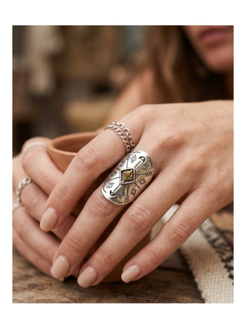 Vintage Boho Silver Tone Statement Ring with Gold Accent Size 4